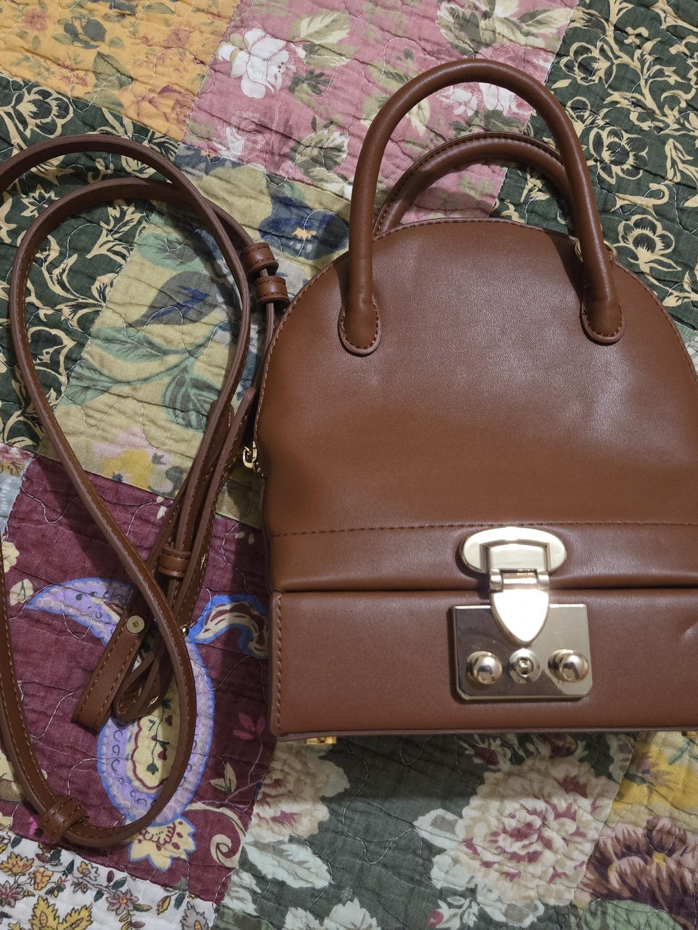 Sam Edelman Chestnut Brown Mini Top-Handle Crossbody Bag with Gold Hardware